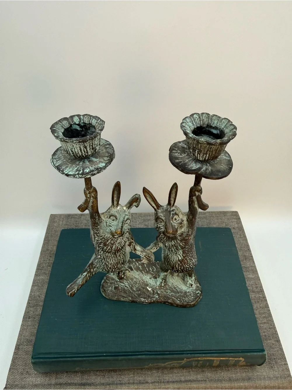 Vintage Bronze with Verdigris Rabbit Candlestick Holders